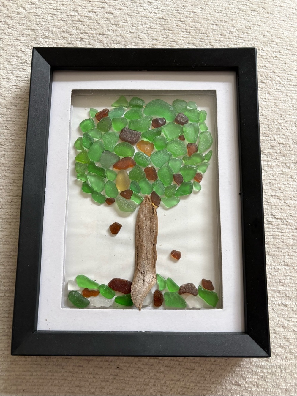 Vintage Sea Glass Tree Art – Framed Coastal Beach Glass Artwork – Handmade